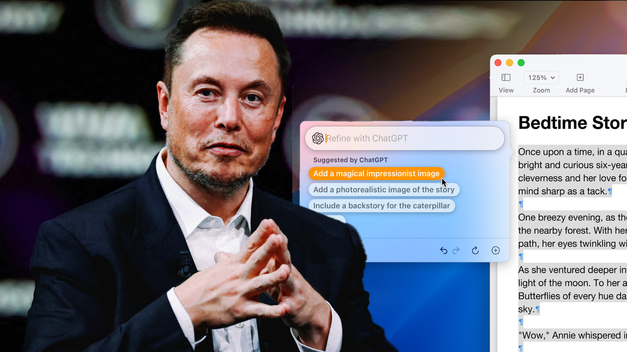 tesla ceo elon musk on the left with a screenshot from chatgpt working on a mac in the next version of the apple operating system right