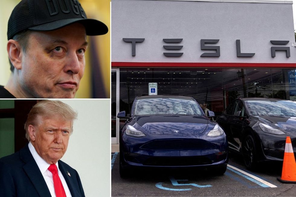 Tesla CEO Elon Musk, President Donald Trump and a Tesla dealership