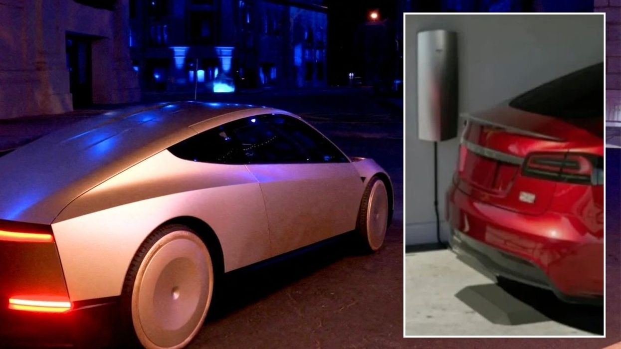 Tesla Cybercab robotaxi and a Tesla wireless charger