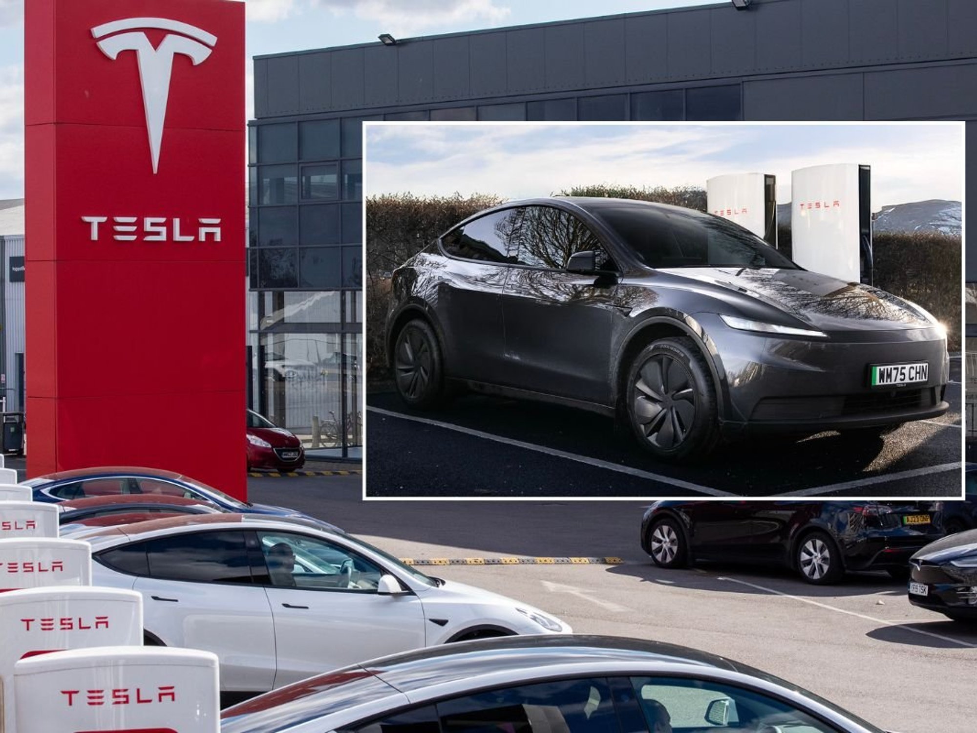 Tesla dealership in London and a Tesla Model Y