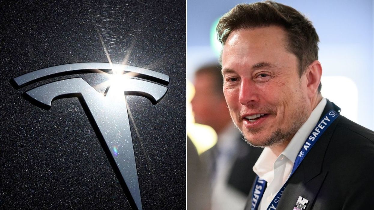 Tesla logo and Elon Musk
