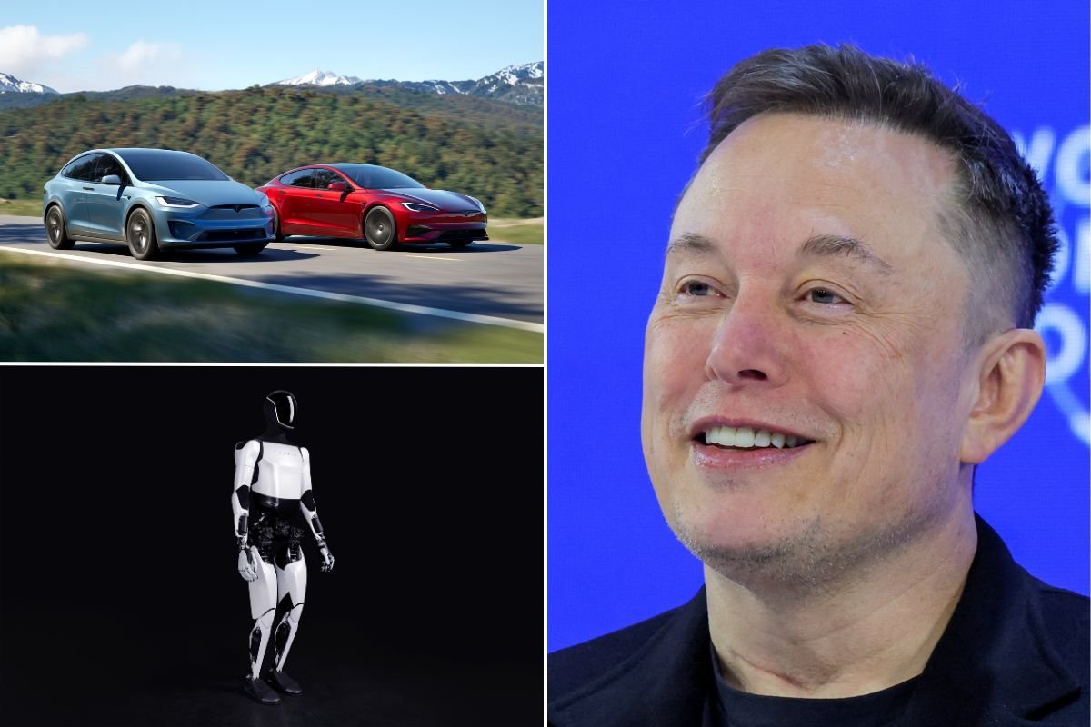 Tesla Model S, Tesla Model X, Elon Musk and a Tesla Optimus humanoid robot