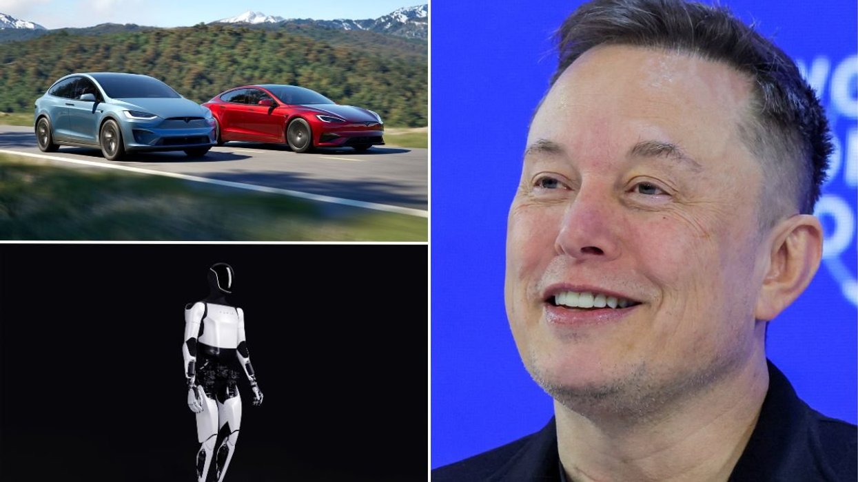 Tesla Model S, Tesla Model X, Elon Musk and a Tesla Optimus humanoid robot