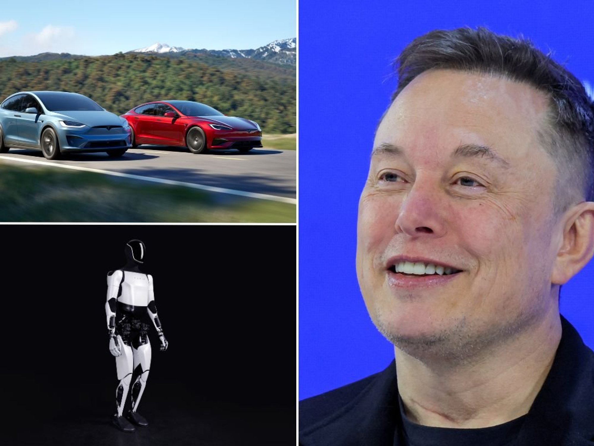 Tesla Model S, Tesla Model X, Elon Musk and a Tesla Optimus humanoid robot