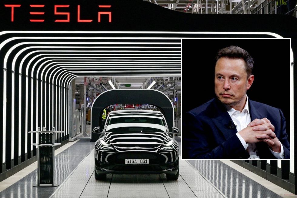 Tesla production line and Tesla CEO Elon Musk