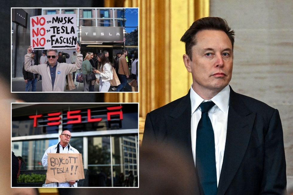 Tesla protest, boycott Tesla sign and Tesla CEO Elon Musk
