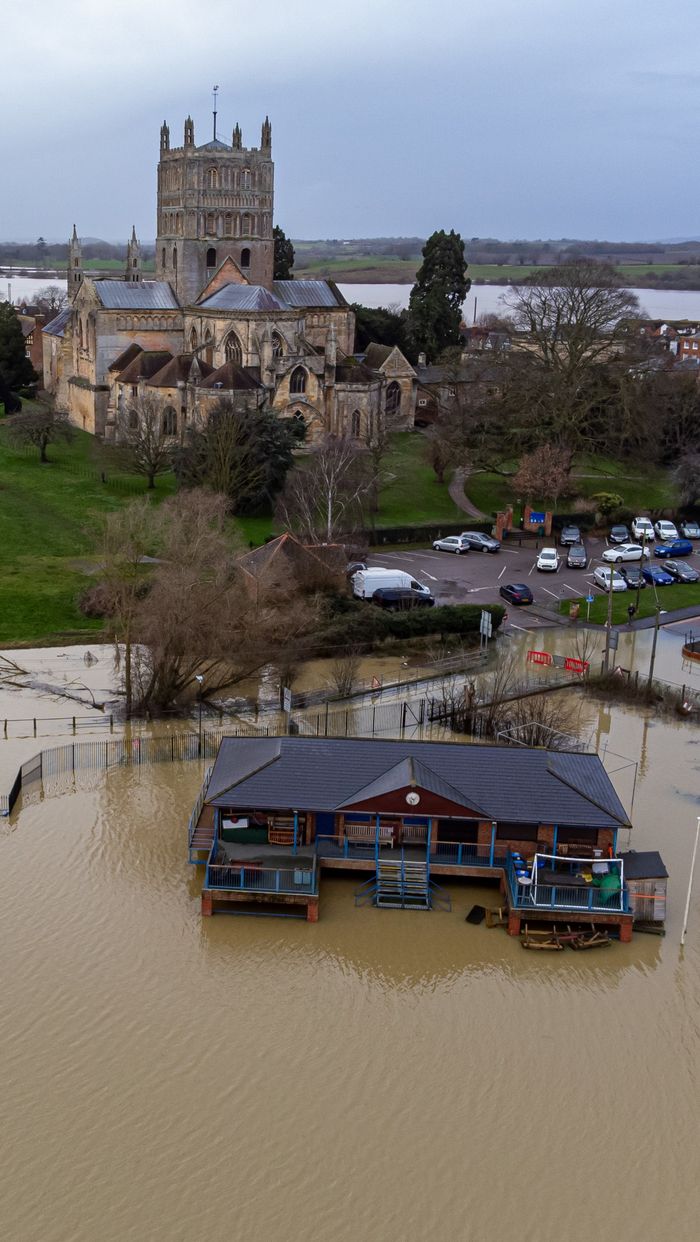 Tewkesbury Abbey surrounded by water