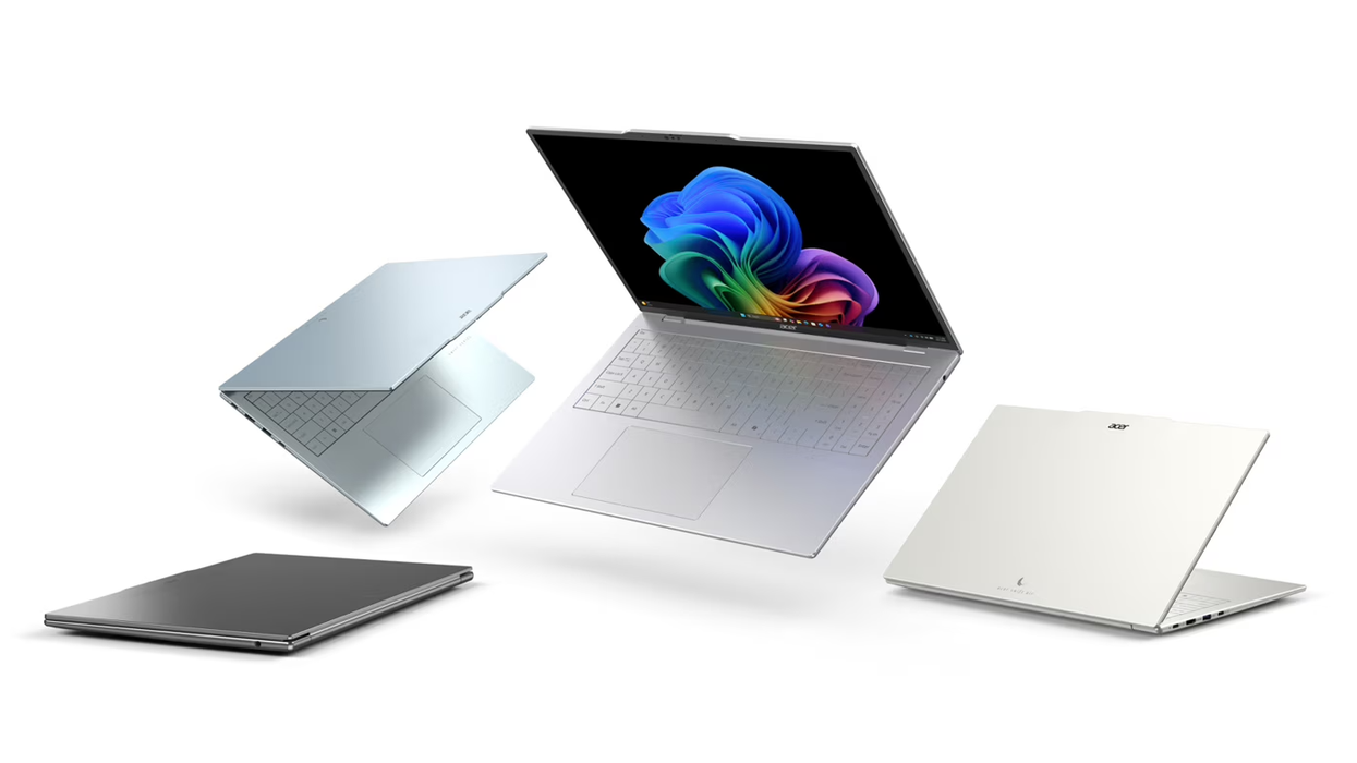 The Acer Swift Air 16 laptop displayed in Light Silver, Fresh Blue, Steel Gray and White