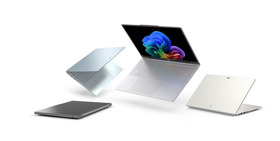 The Acer Swift Air 16 laptop displayed in Light Silver, Fresh Blue, Steel Gray and White