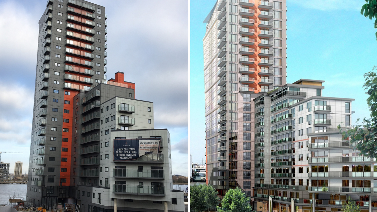 The actual Mast Quay development (left) versus the original plan (right)
