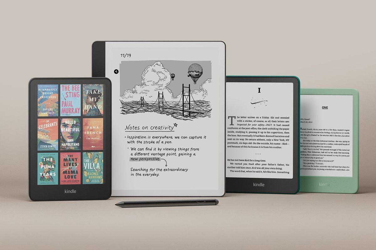 The Amazon Kindle Colorsoft, Scribe, Paperwhite, and Basic are displayed.