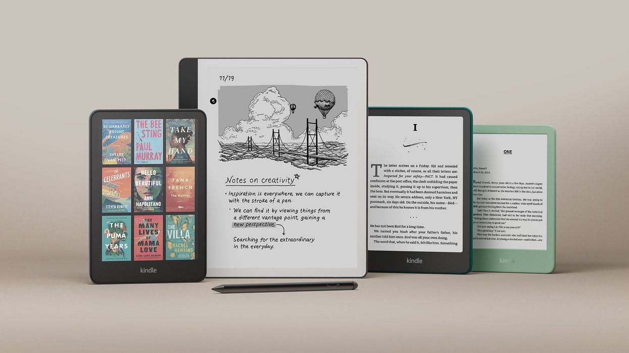 The Amazon Kindle Colorsoft, Scribe, Paperwhite, and Basic are displayed.