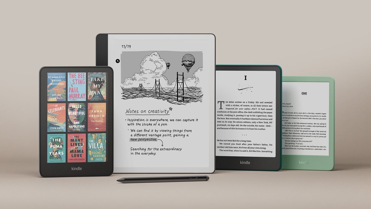 The Amazon Kindle Colorsoft, Scribe, Paperwhite, and Basic are displayed.