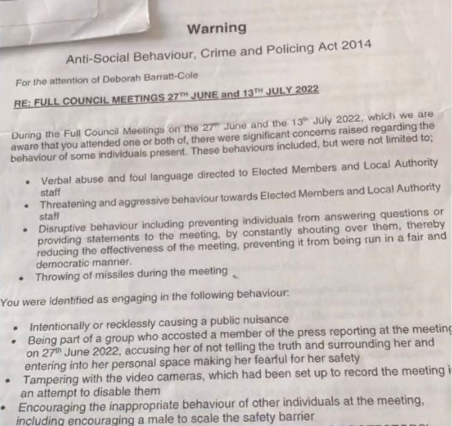 The ASBO given to Ms Barratt-Cole