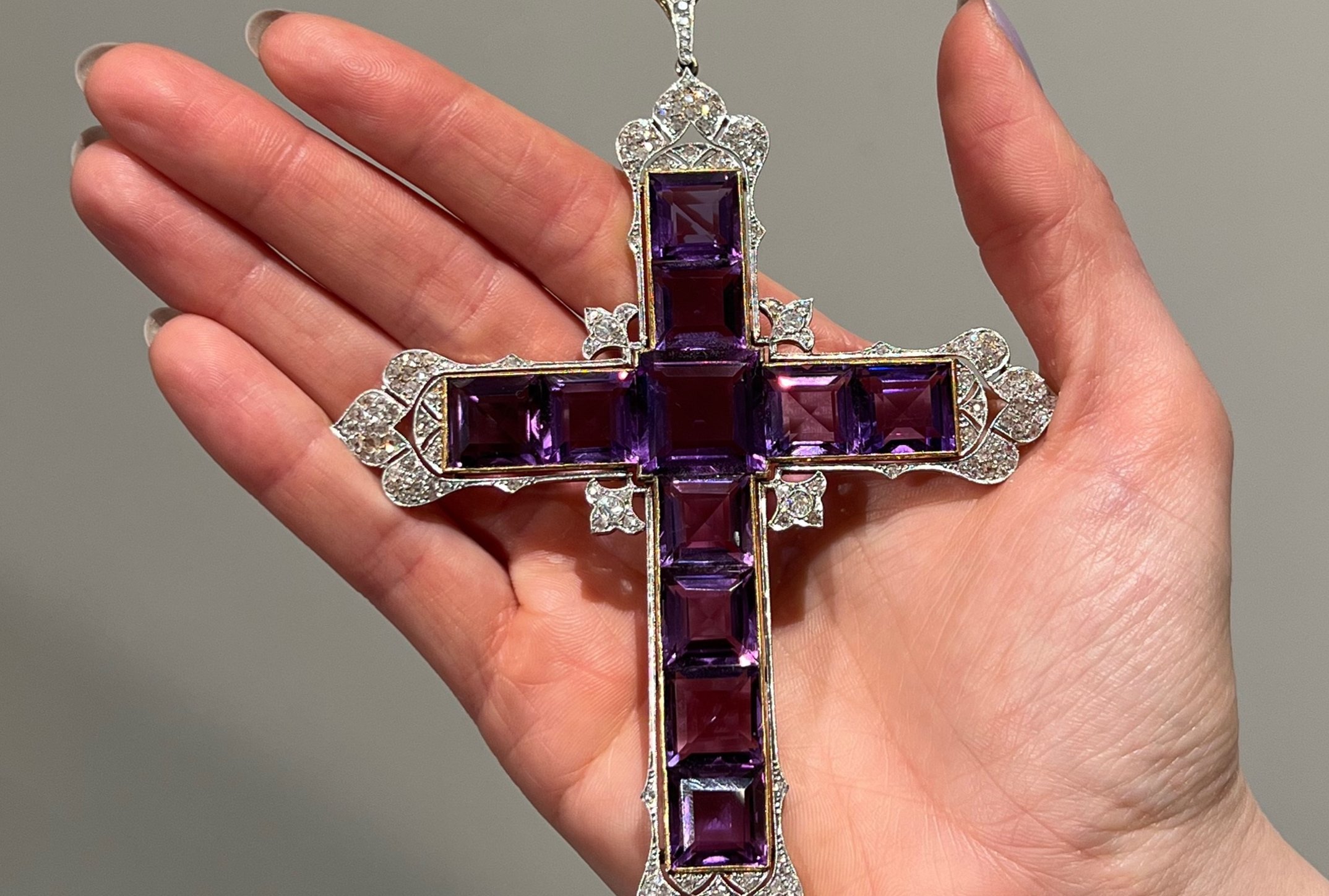 The Attallah Cross, which was worn by Diana, Princess of Wales, which has been acquired by Kim Kardashian after the pendant went on sale at Sotheby's London.