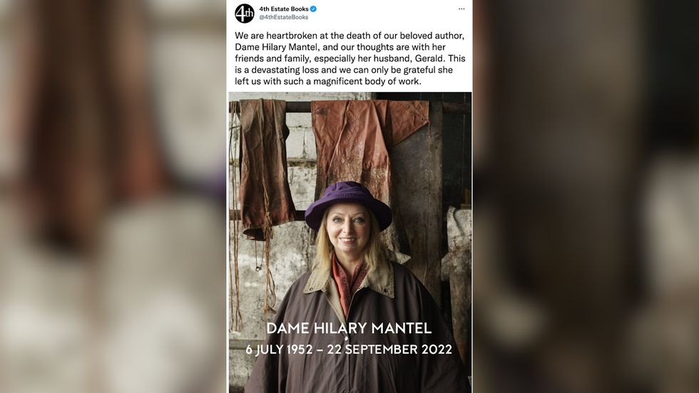 The author of Wolf Hall, Hilary Mantel, has died 'suddenly yet peacefully' says her publisher, Harper Collins.