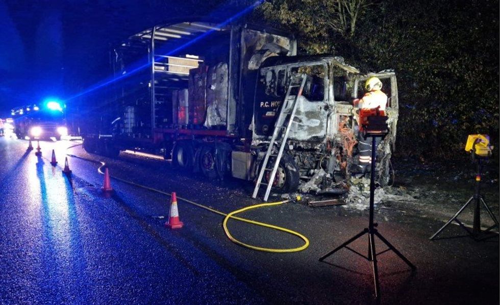 The burnt out lorry has caused lengthy delays along the A1