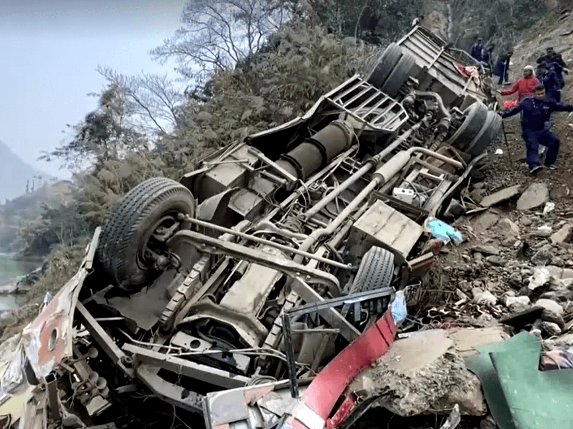 The bus crashed just off the road in Nepal