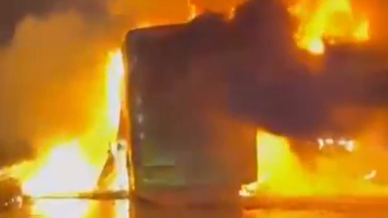 The bus on fire
