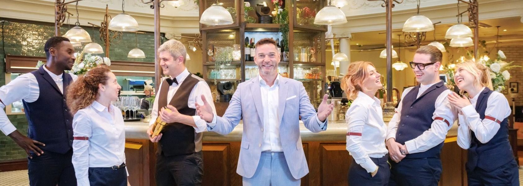 the cast of first dates are pictured in the restaurant in bath that will be home to the new series