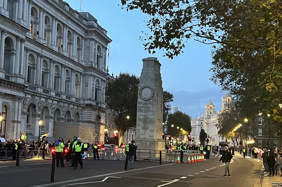 The Cenotaph as pro-Palestine protesters verbally clash with Union flag wavers