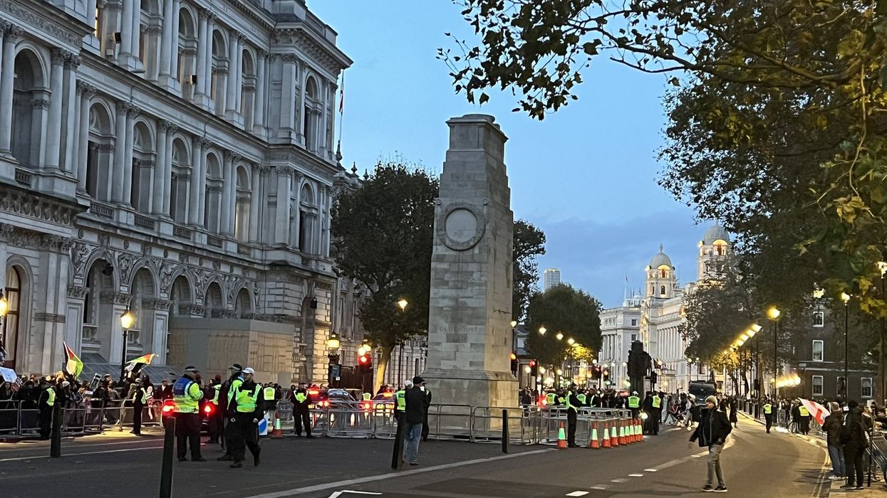 The Cenotaph as pro-Palestine protesters verbally clash with Union flag wavers