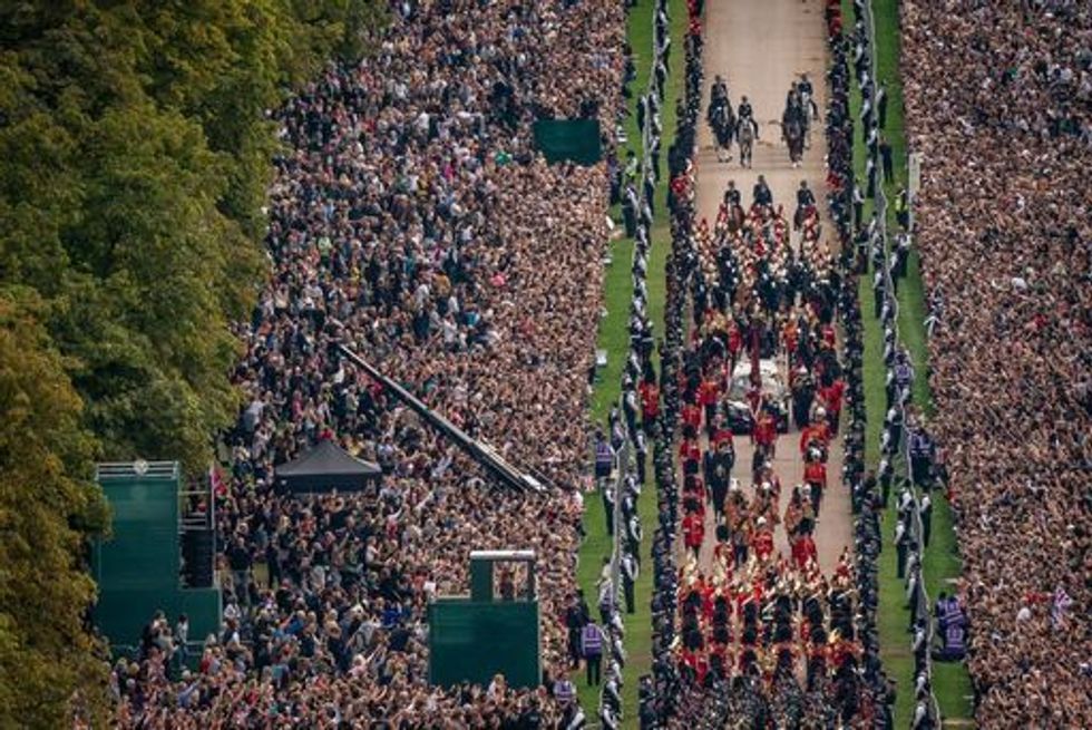 The Ceremonial Procession of the coffin of Queen Elizabeth II travels down the Long Walk as it arrives at Windsor Castle for the Committal Service at St George's Chapel. Picture date: Monday September 19, 2022.
