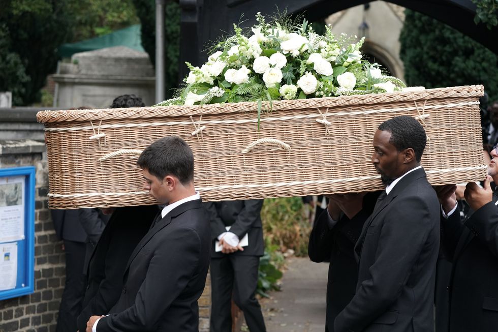 The coffin of Dame Deborah James is carried from her funeral service at St Mary's Church in Barnes, west London. Picture date: Wednesday July 20, 2022.