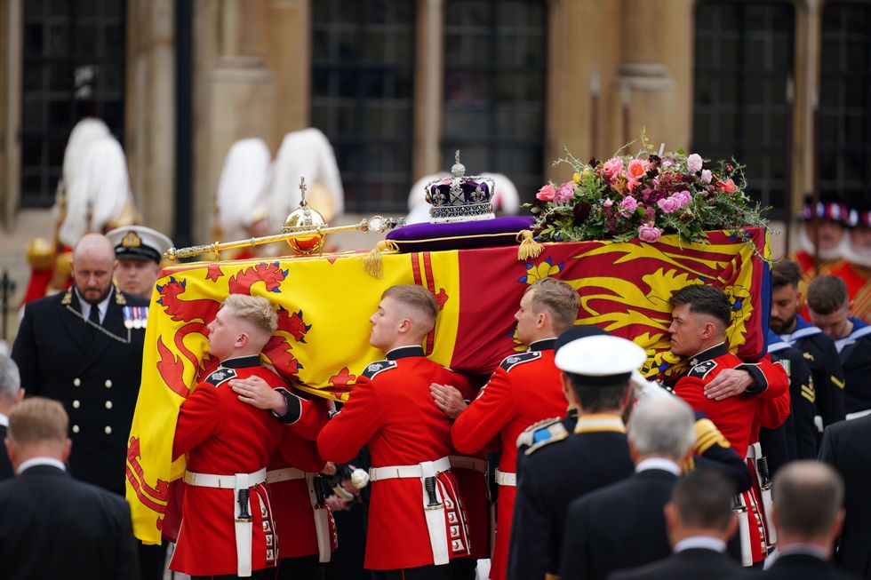 The coffin of Queen Elizabeth II is carried at her state funeral.