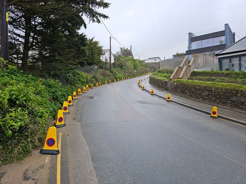 The cones were placed on the road in the Cornwall town