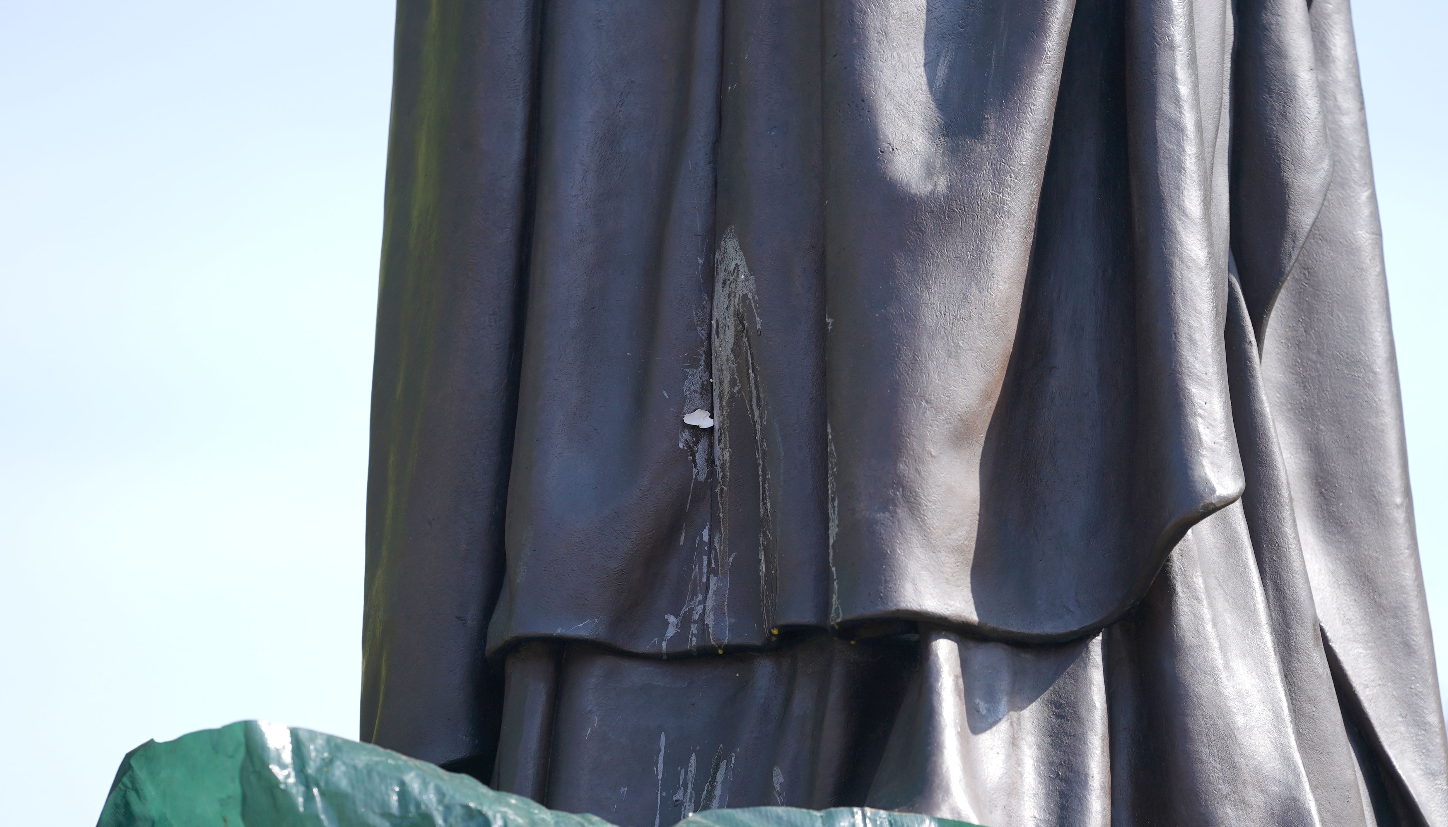 The contents of a thrown egg drip down the newly installed statue of Baroness Margaret Thatcher in her home town of Grantham, Lincolnshire. Picture date: Sunday May 15, 2022.