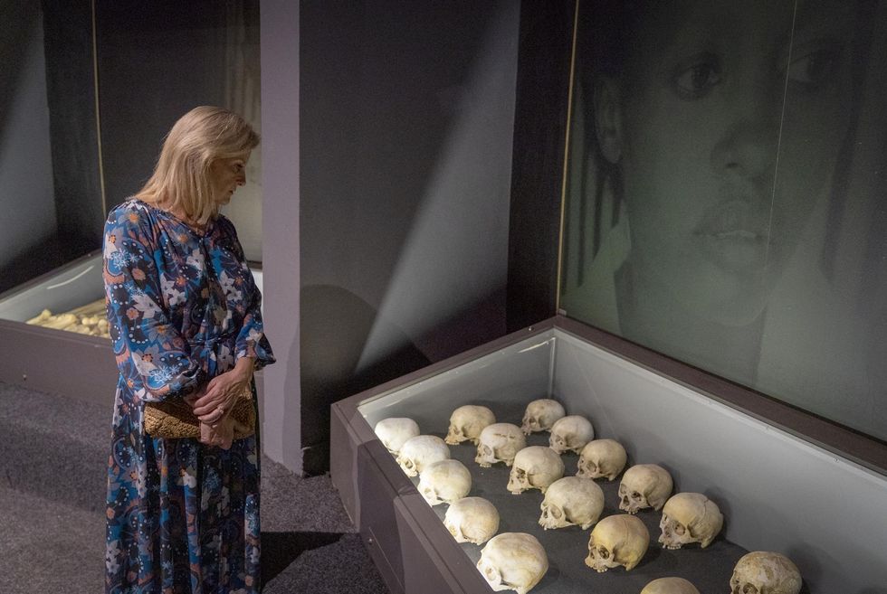 The Countess of Wessex views some of the human remains of victims of the genocide against the tutsi during a visit to the Kigali Genocide Memorial in Kigali, Rwanda. Picture date: Wednesday October 5, 2022.