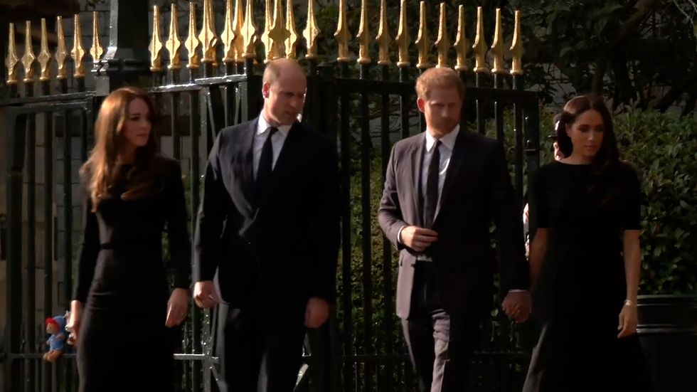 The couples spoke to members of the public after viewing floral tributes to Queen Elizabeth II