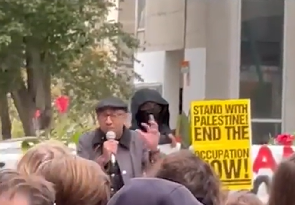 The crowd responded in a chant: \u201cFrom the river to the sea, Palestine will be free\u201d.