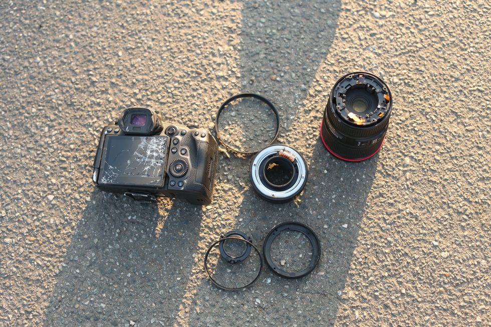 The damage caused to a camera after Dizzee Rascal, real name Dylan Kwabena Millstook a camera from a PA Media photographer outside Wimbledon Magistrates' Court and threw it into a road, smashing it.