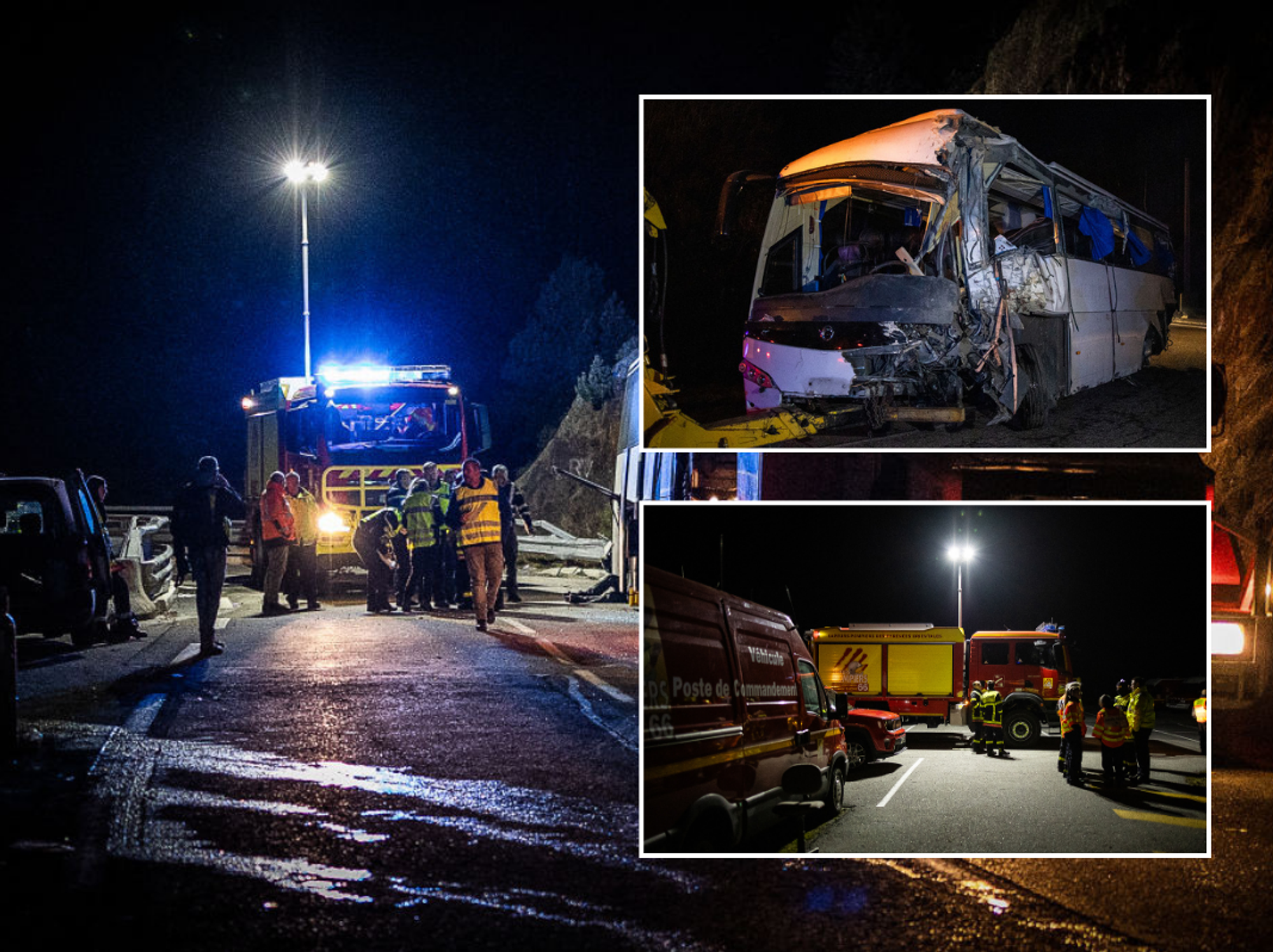 The damaged bus was towed by a truck in Porte-Puymorens following its accident en route from Barcelona to Andorra