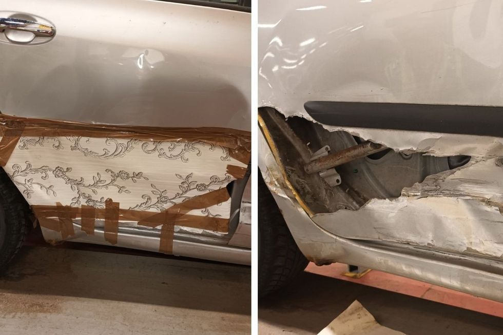 The damaged car covered in tape and wallpaper