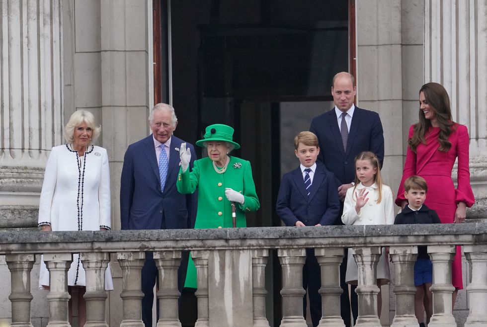 The Duchess of Cornwall, the Prince of Wales, Queen Elizabeth II, Prince George, the Duke of Cambridge, Princess Charlotte, Prince Louis, and the Duchess of Cambridge appear on the balcony of Buckingham Palace at the end of the Platinum Jubilee Pageant, on day four of the Platinum Jubilee celebrations. Picture date: Sunday June 5, 2022.