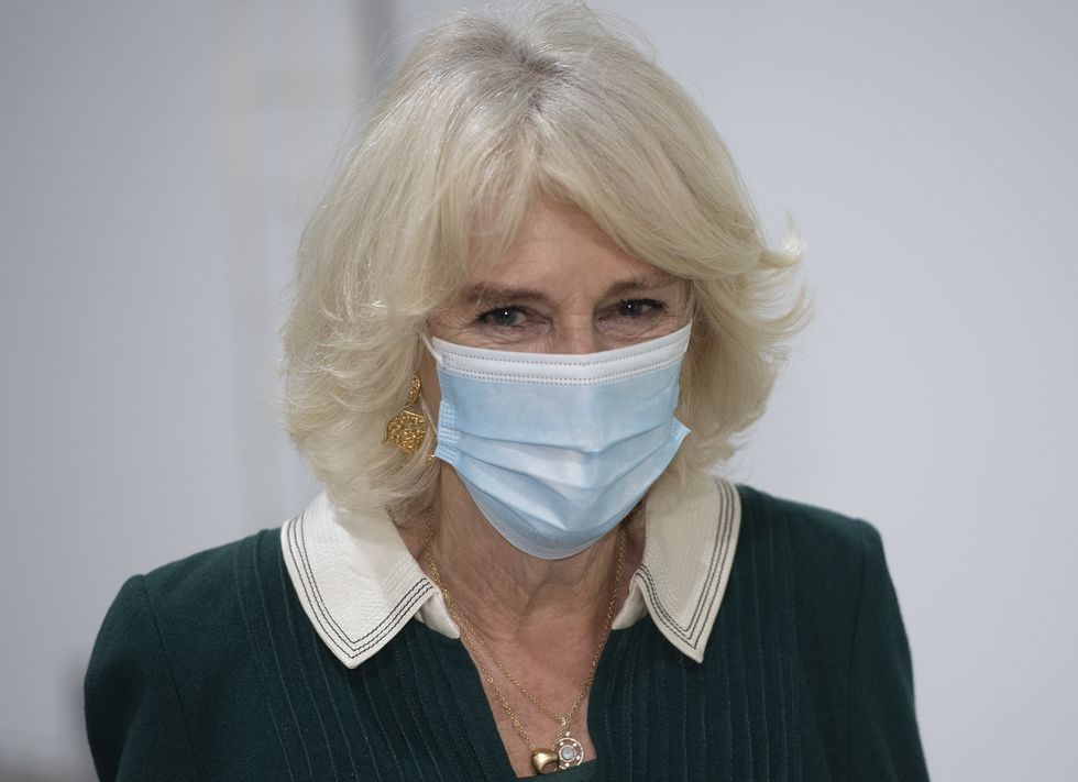 The Duchess of Cornwall wearing a mask during a visit to the Kamsons Pharmacy head office and warehouse in Uckfield, East Sussex in March 2021