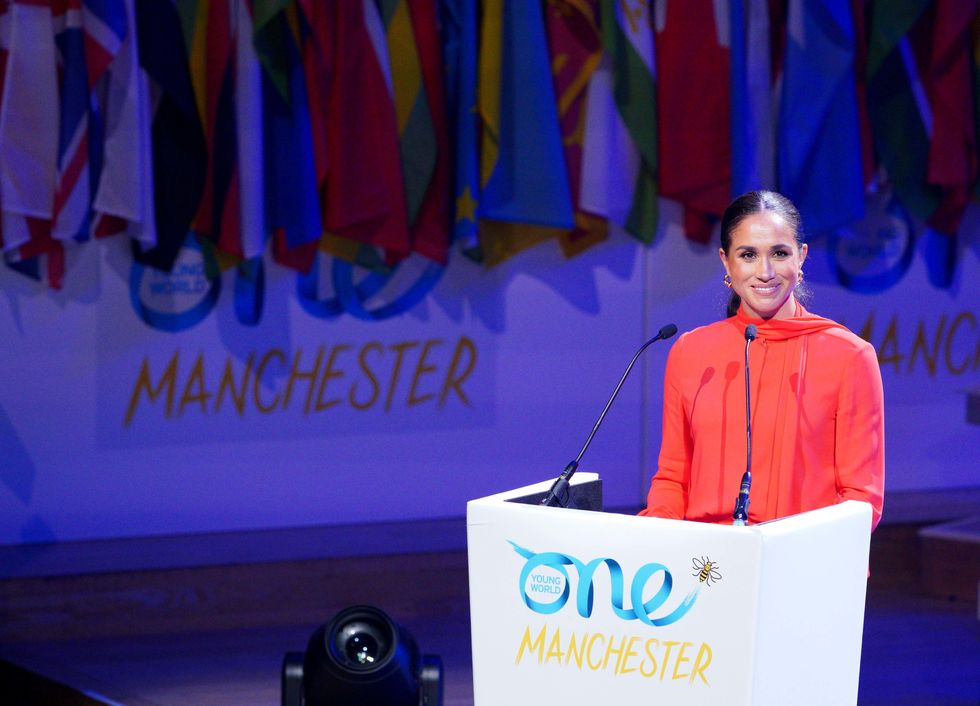 The Duchess of Sussex speaks at the One Young World 2022 Manchester Summit at Bridgewater Hall, Manchester, during their visit to the UK. Picture date: Monday September 5, 2022.