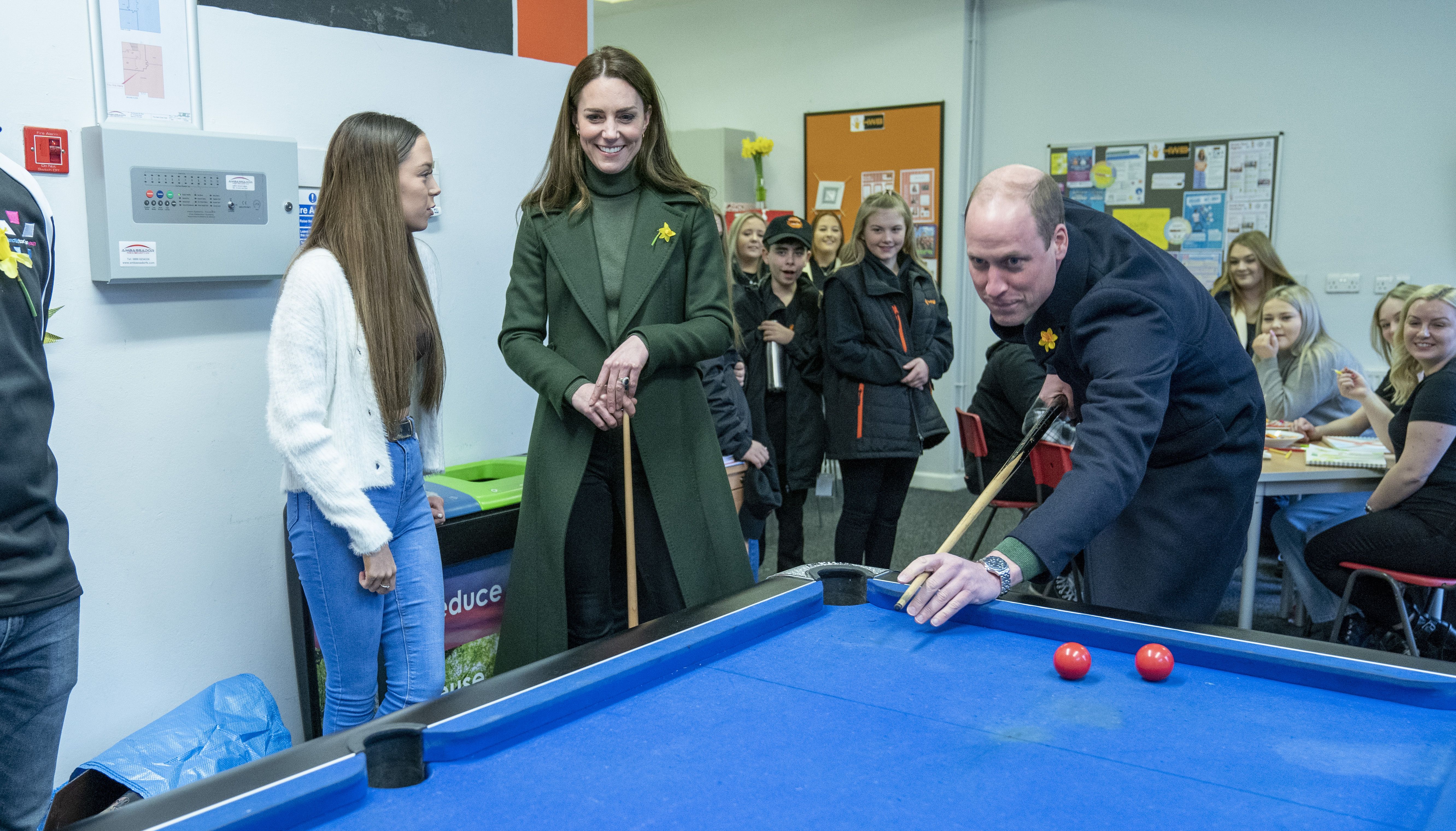 The Duke and Duchess of Cambridge at the Neon Youth Club at Blaenavon Hwb in Blaenavon, during a visit Abergavenny and Blaenavon in Wales. Picture date: Tuesday March 1, 2022.