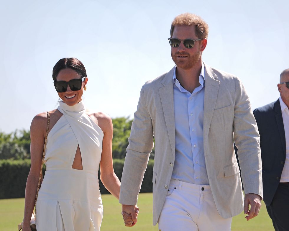 The Duke and Duchess of Sussex during the Royal Salute Polo Challenge, to benefit Sentebale, at the USPA National Polo Center in Wellington, Florida