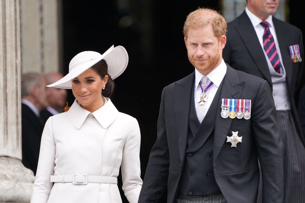 The Duke and Duchess of Sussex leave the National Service of Thanksgiving at St Paul's Cathedral, London, on day two of the Platinum Jubilee celebrations for Queen Elizabeth II. Picture date: Friday June 3, 2022.