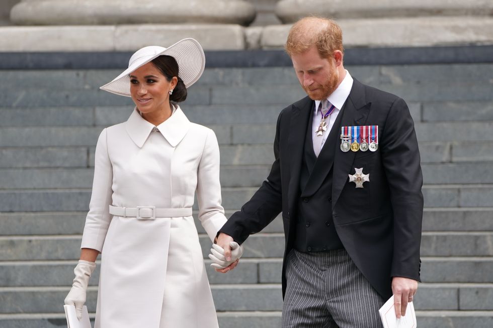 The Duke and Duchess of Sussex leave the National Service of Thanksgiving at St Paul's Cathedral, London, on day two of the Platinum Jubilee celebrations for Queen Elizabeth II. Picture date: Friday June 3, 2022.