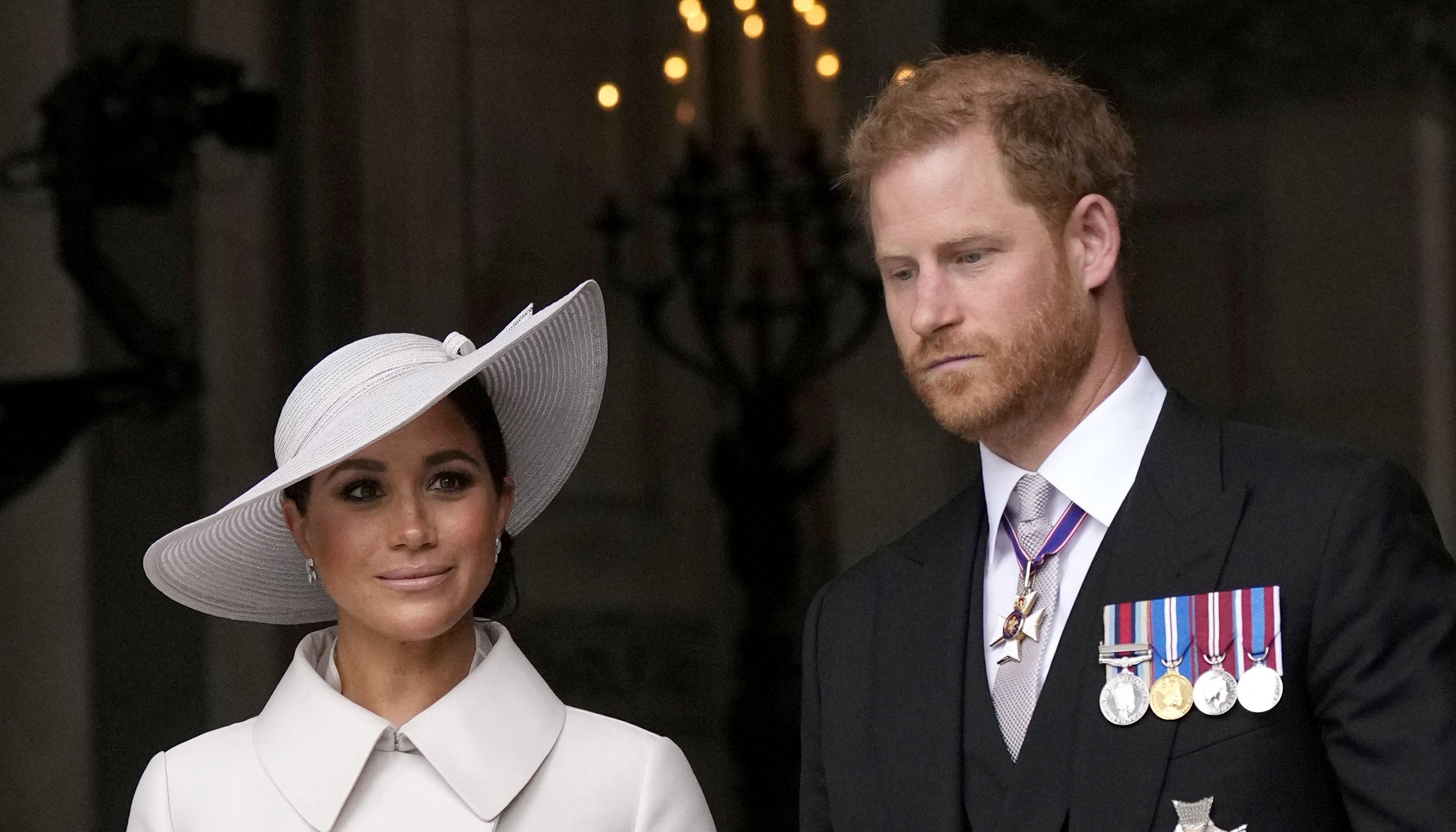 The Duke and Duchess of Sussex leaving the National Service of Thanksgiving at St Paul's Cathedral, London, on day two of the Platinum Jubilee celebrations for Queen Elizabeth II.