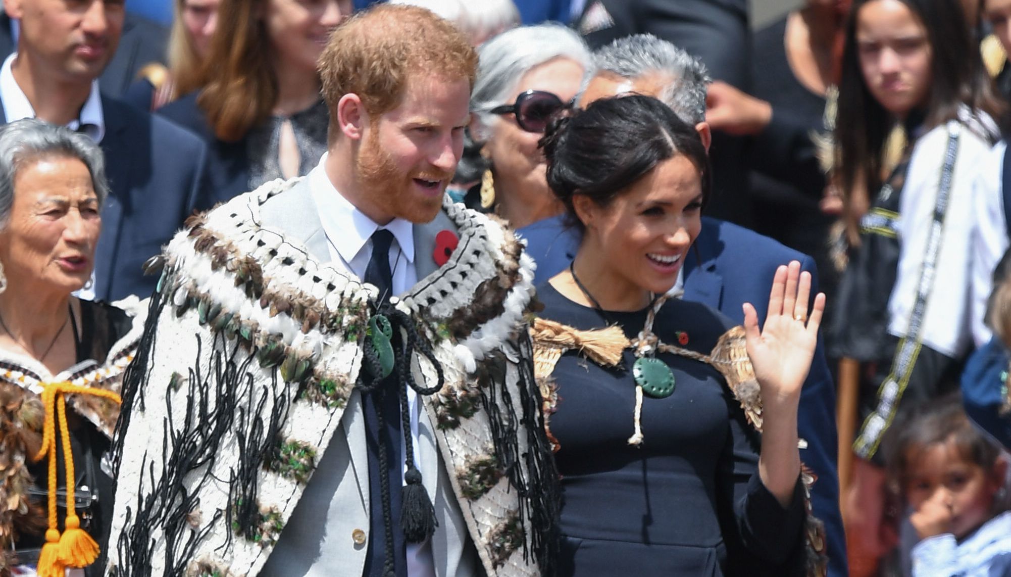 The Duke and Duchess of Sussex wear traditional Maori cloaks called Korowai during a visit to Te Papaiouru, Ohinemutu, in Rotorua, before a lunch in honour of Harry and Meghan, on day four of the royal couple's tour of New Zealand.