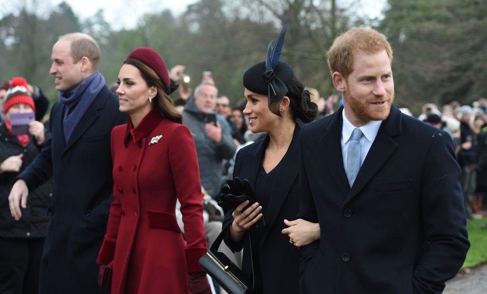 The Duke of Cambridge, the Duchess of Cambridge, the Duchess of Sussex and the Duke of Sussex arriving to attend the Christmas Day morning church service at St Mary Magdalene Church in Sandringham, Norfolk.