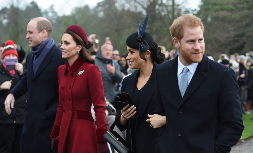The Duke of Cambridge, the Duchess of Cambridge, the Duchess of Sussex and the Duke of Sussex arriving to attend the Christmas Day