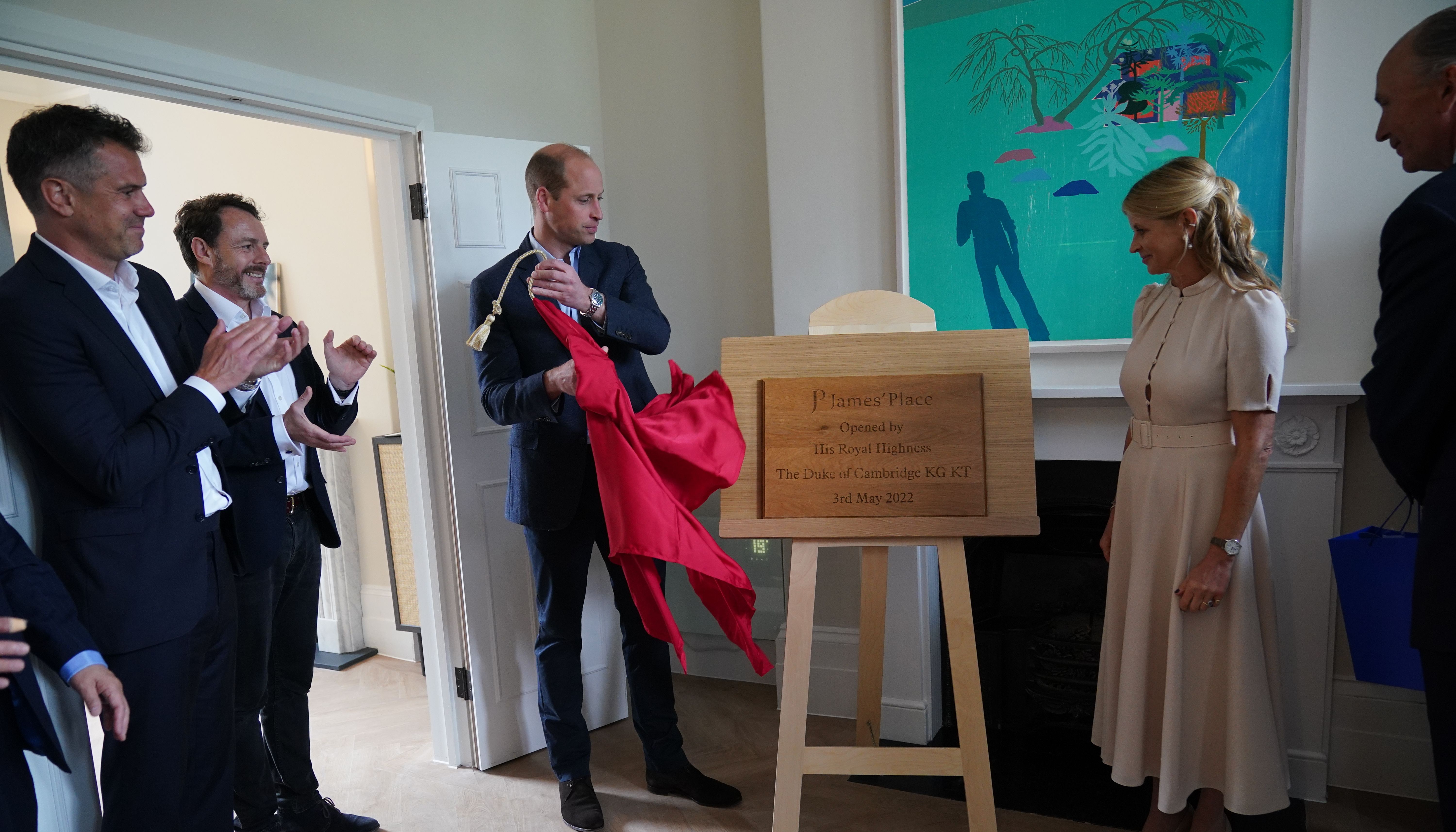 The Duke of Cambridge unveils a plaque during a visit to the new London centre of James' Place to learn more about the charity's work to save the lives of men experiencing a suicidal crisis. Picture date: Tuesday May 3, 2022.