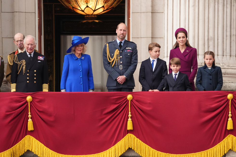 THe Duke of Kent, King Charles III, Queen Camilla, the Prince of Wales, Prince George, Prince Louis, the Princess of Wales and Princess Charlotte
